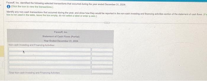 Faceoff, Inc. identified the following selected transactions that occurred during the year ended December 31, 2024:
(Click the icon to view the transactions.)
Identify any non-cash transactions that occurred during the year, and show how they would be reported in the non-cash investing and financing activities section of the statement of cash flows. (if m
box is not used in the table, leave the box empty; do not select a label or enter a zero)
Faceoff, Inc.
Statement of Cash Flows (Partial)
Year Ended December 31, 2024
Non-cash Investing and Financing Activities
Total Non-cash Investing and Financing Activities