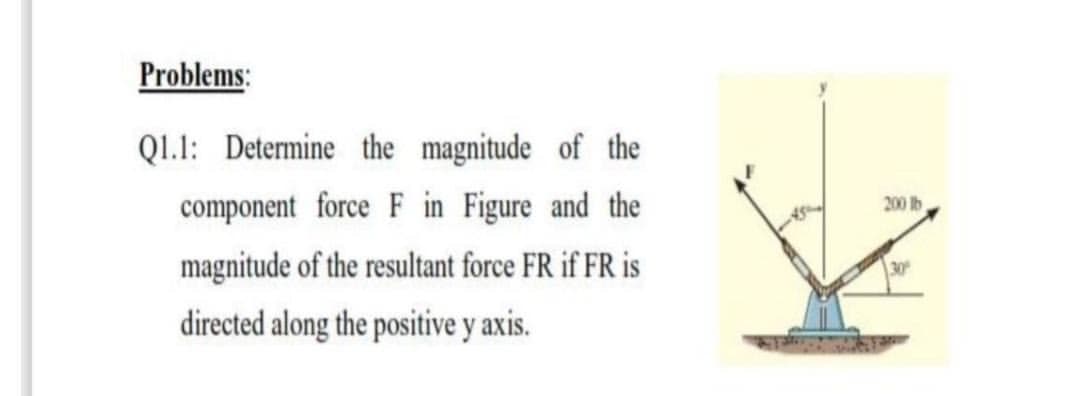 Problems:
Q1.1: Determine the magnitude of the
component force F in Figure and the
200 lb
magnitude of the resultant force FR if FR is
30
directed along the positive y axis.
