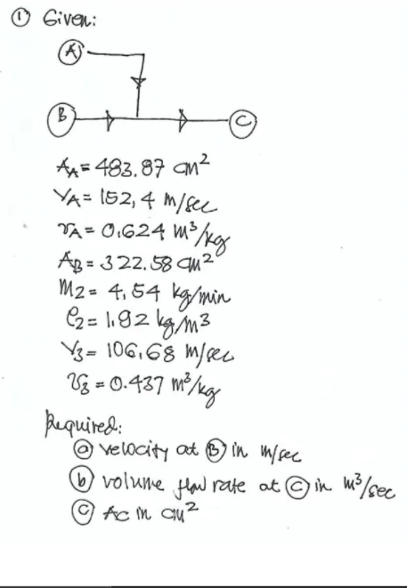 O Given:
A= 483.87 an?
YA= 152,4 M/sec
/kg
Ag = 322.58 u2"
M2= 4, 54 kg/min
C2= 1,82 kg/m3
Y3= 106,68 m/pe
Vg = 0.437 m/kg
VA = 0.624 Ms
%3D
Required
© velocity at in myrec
b) volume Haw rate atl
© in. M/sec
