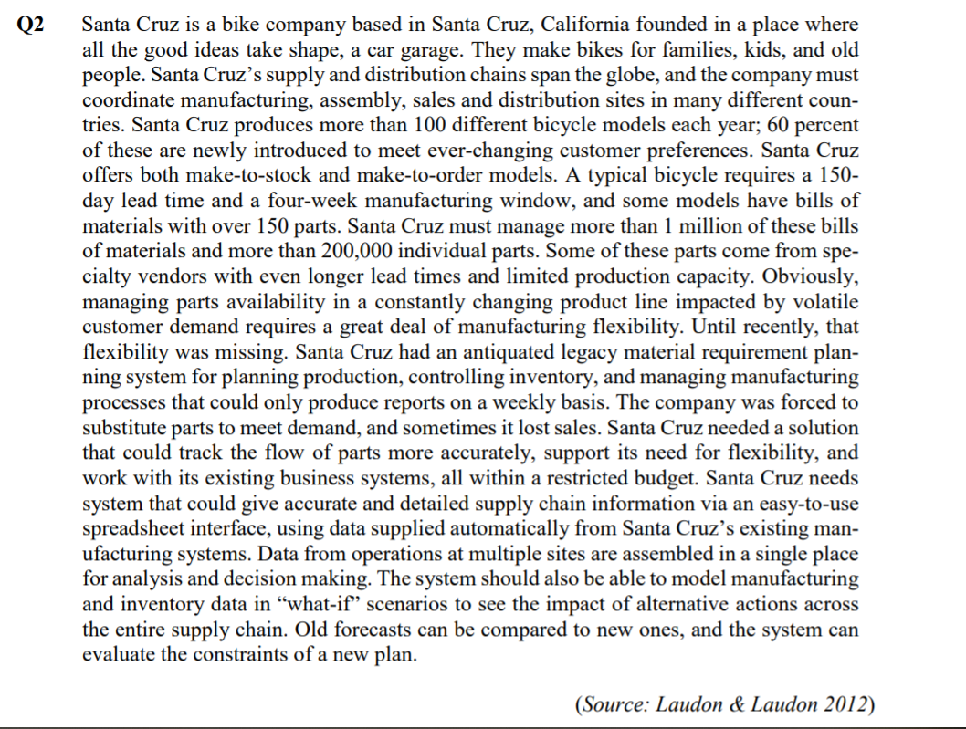 Q2
Santa Cruz is a bike company based in Santa Cruz, California founded in a place where
all the good ideas take shape, a car garage. They make bikes for families, kids, and old
people. Santa Cruz's supply and distribution chains span the globe, and the company must
coordinate manufacturing, assembly, sales and distribution sites in many different coun-
tries. Santa Cruz produces more than 100 different bicycle models each year; 60 percent
of these are newly introduced to meet ever-changing customer preferences. Santa Cruz
offers both make-to-stock and make-to-order models. A typical bicycle requires a 150-
day lead time and a four-week manufacturing window, and some models have bills of
materials with over 150 parts. Santa Cruz must manage more than 1 million of these bills
of materials and more than 200,000 individual parts. Some of these parts come from spe-
cialty vendors with even longer lead times and limited production capacity. Obviously,
managing parts availability in a constantly changing product line impacted by volatile
customer demand requires a great deal of manufacturing flexibility. Until recently, that
flexibility was missing. Santa Cruz had an antiquated legacy material requirement plan-
ning system for planning production, controlling inventory, and managing manufacturing
processes that could only produce reports on a weekly basis. The company was forced to
substitute parts to meet demand, and sometimes it lost sales. Santa Cruz needed a solution
that could track the flow of parts more accurately, support its need for flexibility, and
work with its existing business systems, all within a restricted budget. Santa Cruz needs
system that could give accurate and detailed supply chain information via an easy-to-use
spreadsheet interface, using data supplied automatically from Santa Cruz's existing man-
ufacturing systems. Data from operations at multiple sites are assembled in a single place
for analysis and decision making. The system should also be able to model manufacturing
and inventory data in "what-if" scenarios to see the impact of alternative actions across
the entire supply chain. Old forecasts can be compared to new ones, and the system can
evaluate the constraints of a new plan.
(Source: Laudon & Laudon 2012)
