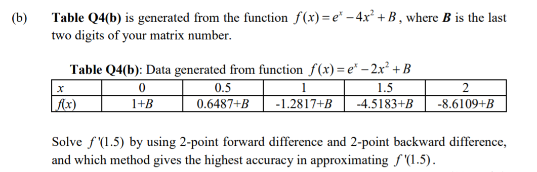 Table Q4(b) is generated from the function f(x)= e* – 4x² + B , where B is the last
two digits of your matrix number.
(b)
Table Q4(b): Data generated from function f(x)= e* – 2x² + B
0.5
1
1.5
2
Ax)
1+B
0.6487+B
-1.2817+B
-4.5183+B
-8.6109+B
Solve f '(1.5) by using 2-point forward difference and 2-point backward difference,
and which method gives the highest accuracy in approximating f '(1.5).
