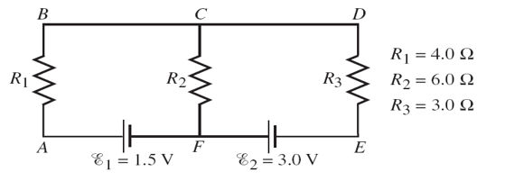 D
В
R] = 4.0 Q
R1
R2
R3
R2 = 6.0 Q
R3 = 3.0 N
F
E
A
E1 = 1.5 V
E2 = 3.0 V
