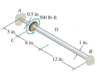 5 in.
C
A
0.5 in.
8 in.
500 lb-ft
D
t
12 in.
1 in.
B