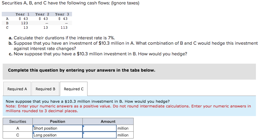 Securities A, B, and C have the following cash flows: (Ignore taxes)
ADC
А
B
с
Year 1
$ 43
123
13
Year 2 Year 3
$ 43
$ 43
13
a. Calculate their durations if the interest rate is 7%.
b. Suppose that you have an investment of $10.3 million in A. What combination of B and C would hedge this investment
against interest rate changes?
c. Now suppose that you have a $10.3 million investment in B. How would you hedge?
113
Complete this question by entering your answers in the tabs below.
Securities
A
с
Required A Required B Required C
Now suppose that you have a $10.3 million investment in B. How would you hedge?
Note: Enter your numeric answers as a positive value. Do not round intermediate calculations. Enter your numeric answers in
millions rounded to 3 decimal places.
Position
Short position
Long position
Amount
million
million