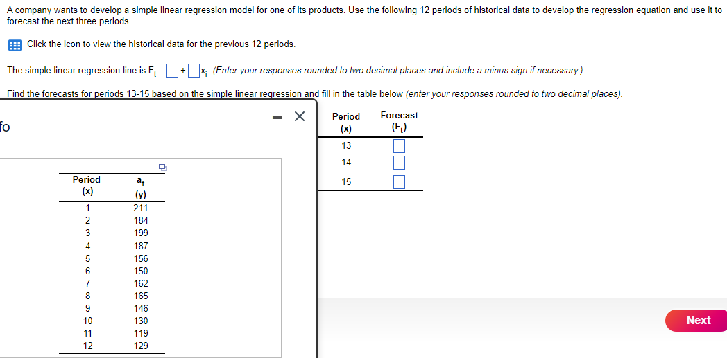 A company wants to develop a simple linear regression model for one of its products. Use the following 12 periods of historical data to develop the regression equation and use it to
forecast the next three periods.
Click the icon to view the historical data for the previous 12 periods.
The simple linear regression line is F₁ =+x. (Enter your responses rounded to two decimal places and include a minus sign if necessary.)
Find the forecasts for periods 13-15 based on the simple linear regression and fill in the table below (enter your responses rounded to two decimal places).
X
Period
Forecast
(F₁)
fo
Period
(x)
1
2
3
4
5
6
7
8
9
10
11
12
at
(y)
211
184
199
187
156
150
162
165
146
130
119
129
ㅁ
-
13
14
15
Next
