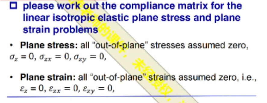 ☐ please work out the compliance matrix for the
linear isotropic elastic plane stress and plane
strain problems
.
• Plane stress: all "out-of-plane" stresses assumed zero,
0₂ = 0, 0zx = 0, 0zy = 0,
Plane strain: all "out-of-plane" strains assumed zero, i.e.,
Ez = 0, Ezx = 0, Ezy = 0,