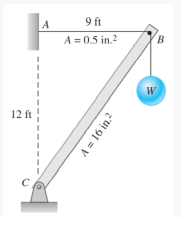 A
9 ft
A = 0.5 in.?
B.
W
12 ft
A = 16 in.?
