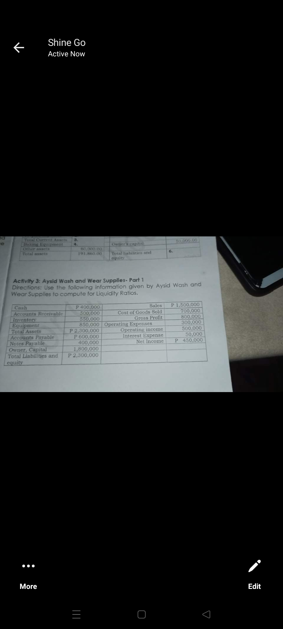 Shine Go
Active Now
Tetal Current Assets
Baking Equipment
Other assets
Total assets
50,000,00
re
Owner's capital
60,000,00
191.860.00
6.
Total liabilities and
equity
Activity 3: Aysid Wash and Wear Supplies- Part 1
Directions: Use the following information given by Aysid Wash and
Wear Supplies to compute for Liquidity Ratios.
P 1,500,000
700,000
800,000
300,000
500,000
Sales
P 400,000
500,000
550,000
850,000 Operating Expenses
P 2,300,000
P 600,000
400,000
1,800,000
P 2,300,000
Cash
Cost of Goods Sold
Gross Profit
Accounts Receivable
Inventory
Equipment
Total Assets
Accounts Payable
Notes Payable
Owner, Capital
Total Liabilities and
Operating income
Interest Expense
Net Income
50,000
P 450,000
equity
•••
More
Edit
