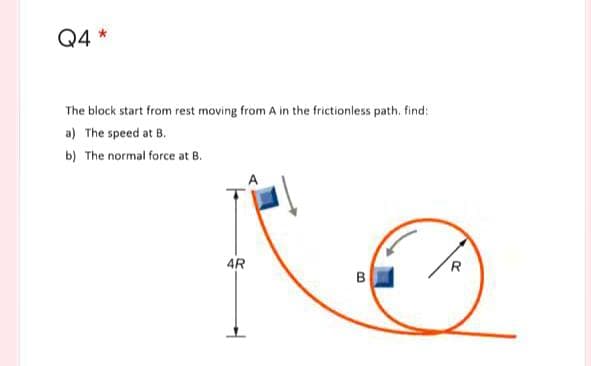 Q4 *
The block start from rest moving from A in the frictionless path. find:
a) The speed at B.
b) The normal force at B.
4R
R
B
