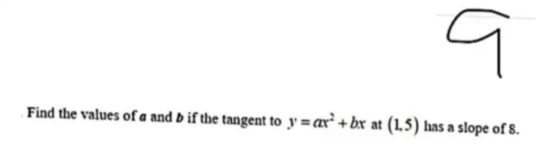 Find the values of a and b if the tangent to y = ax² + bx at (1,5) has a slope of 8.
