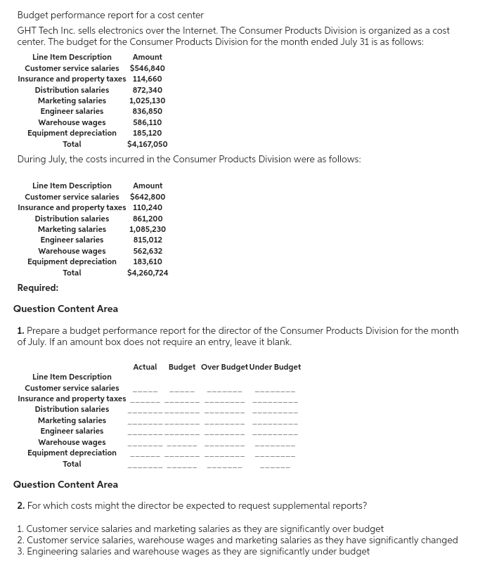 Budget performance report for a cost center
GHT Tech Inc. sells electronics over the Internet. The Consumer Products Division is organized as a cost
center. The budget for the Consumer Products Division for the month ended July 31 is as follows:
Line Item Description
Customer service salaries
Insurance and property taxes
Distribution salaries
Marketing salaries
Engineer salaries
836,850
586,110
185,120
Total
$4,167,050
During July, the costs incurred in the Consumer Products Division were as follows:
Warehouse wages
Equipment depreciation
Line Item Description
Customer service salaries
Insurance and property taxes
Distribution salaries
Marketing salaries
Engineer salaries
Warehouse wages
Equipment depreciation
Total
Required:
Question Content Area
Line Item Description
Customer service salaries
Insurance and property taxes
Distribution salaries
Amount
$546,840
114,660
872,340
1,025,130
1. Prepare a budget performance report for the director of the Consumer Products Division for the month
of July. If an amount box does not require an entry, leave it blank.
Actual Budget Over Budget Under Budget
Marketing salaries
Engineer salaries
Warehouse wages
Equipment depreciation
Amount
$642,800
110,240
861,200
1,085,230
815,012
562,632
183,610
$4,260,724
Total
Question Content Area
2. For which costs might the director be expected to request supplemental reports?
1. Customer service salaries and marketing salaries as they are significantly over budget
2. Customer service salaries, warehouse wages and marketing salaries as they have significantly changed
3. Engineering salaries and warehouse wages as they are significantly under budget