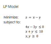 LP Model
Minimize:
subject to:
z = x-y
4x - 3y ≤0
x+y ≤ 10
x,y 20