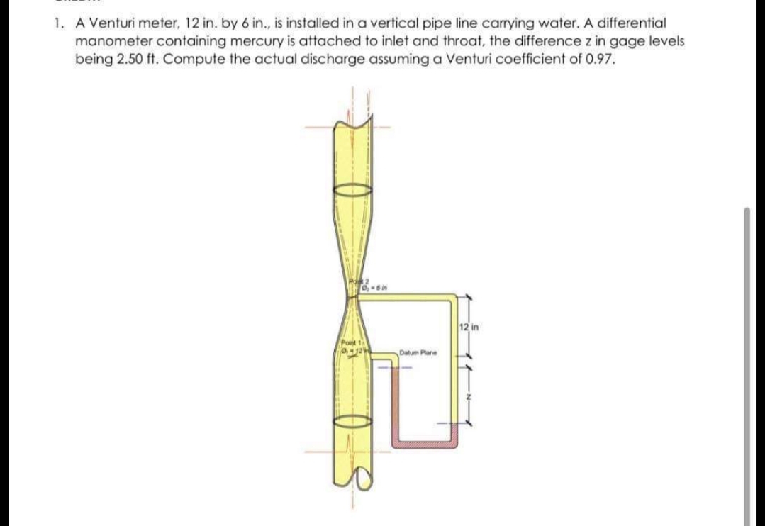 1. A Venturi meter, 12 in. by 6 in., is installed in a vertical pipe line carrying water. A differential
manometer containing mercury is attached to inlet and throat, the difference z in gage levels
being 2.50 ft. Compute the actual discharge assuming a Venturi coefficient of 0.97.
12 in
Datum Plane
