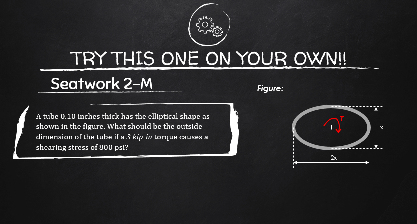 TRY THIS ONE ON YOUR OWN!
Seatwork 2-M
Figure:
A tube 0.10 inches thick has the elliptical shape as
shown in the figure. What should be the outside
dimension of the tube if a 3 kip-in torque causes a
+.
shearing stress of 800 psi?
2x
