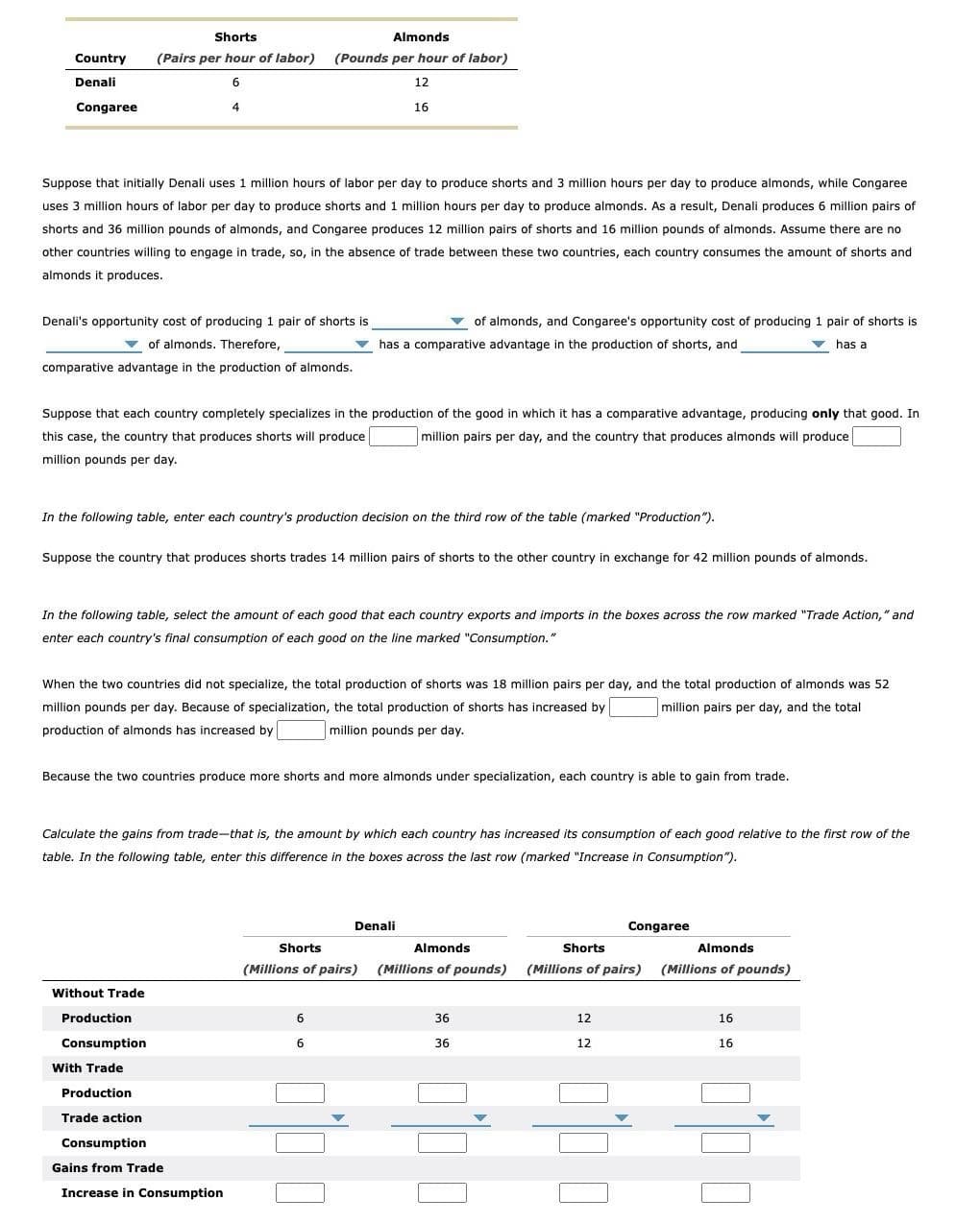 Country
Denali
Congaree
Suppose that initially Denali uses 1 million hours of labor per day to produce shorts and 3 million hours per day to produce almonds, while Congaree
uses 3 million hours of labor per day to produce shorts and 1 million hours per day to produce almonds. As a result, Denali produces 6 million pairs of
shorts and 36 million pounds of almonds, and Congaree produces 12 million pairs of shorts and 16 million pounds of almonds. Assume there are no
other countries willing to engage in trade, so, in the absence of trade between these two countries, each country consumes the amount of shorts and
almonds it produces.
Shorts
Almonds
(Pairs per hour of labor) (Pounds per hour of labor)
6
12
16
Denali's opportunity cost of producing 1 pair of shorts is
of almonds. Therefore,
comparative advantage in the production of almonds.
4
Suppose that each country completely specializes in the production of the good in which it has a comparative advantage, producing only that good. In
this case, the country that produces shorts will produce
million pairs per day, and the country that produces almonds will produce
million pounds per day.
In the following table, enter each country's production decision on the third row of the table (marked "Production").
Suppose the country that produces shorts trades 14 million pairs of shorts to the other country in exchange for 42 million pounds of almonds.
In the following table, select the amount of each good that each country exports and imports in the boxes across the row marked "Trade Action," and
enter each country's final consumption of each good on the line marked "Consumption."
When the two countries did not specialize, the total production of shorts was 18 million pairs per day, and the total production of almonds was 52
million pounds per day. Because of specialization, the total production of shorts has increased by
million pairs per day, and the total
production of almonds has increased by
million pounds per day.
Without Trade
Production
Consumption
of almonds, and Congaree's opportunity cost of producing 1 pair of shorts is
has a comparative advantage in the production of shorts, and
has a
Because the two countries produce more shorts and more almonds under specialization, each country is able to gain from trade.
With Trade
Production
Calculate the gains from trade-that is, the amount by which each country has increased its consumption of each good relative to the first row of the
table. In the following table, enter this difference in the boxes across the last row (marked "Increase in Consumption").
Trade action
Consumption
Gains from Trade
Increase in Consumption
Shorts
(Millions of pairs)
6
6
Denali
Almonds
(Millions of pounds)
36
36
300
Congaree
Shorts
(Millions of pairs)
12
12
Almonds
(Millions of pounds)
16
16
TTD
UPD