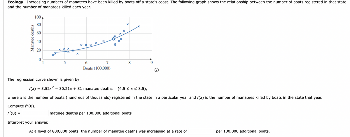 Ecology
and the number of manatees killed each year.
Increasing numbers of manatees have been killed by boats off a state's coast. The following graph shows the relationship between the number of boats registered in that state
100
80
60
40
x x X
20
ххх
4
6
7
8
Boats (100,000)
The regression curve shown is given by
f(x) :
3.52x2 - 30.21x + 81 manatee deaths
(4.5 < x < 8.5),
where x is the number of boats (hundreds of thousands) registered in the state in a particular year and f(x) is the number of manatees killed by boats in the state that year.
Compute f'(8).
f'(8) =
matinee deaths per 100,000 additional boats
Interpret your answer.
At a level of 800,000 boats, the number of manatee deaths was increasing at a rate of
per 100,000 additional boats.
Manatee deaths
