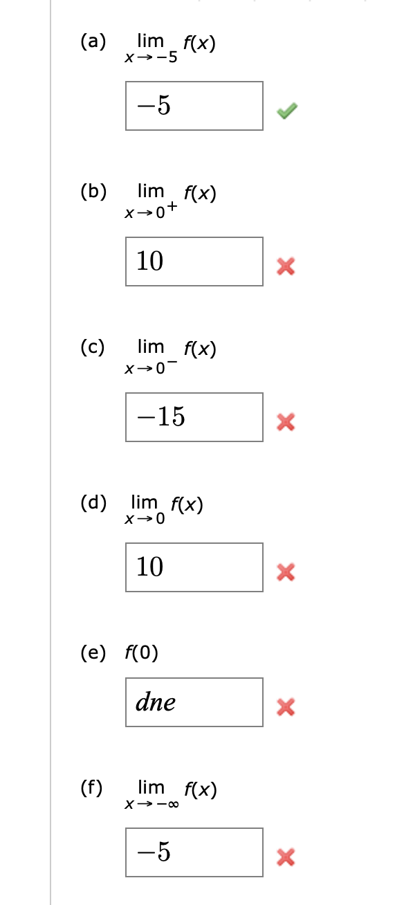 (a)
lim f(x)
X→-5
-5
(b)
lim f(x)
10
(c)
lim f(x)
-15
(d) lim f(x)
X→0
10
(e) f(0)
dne
(f)
lim f(x)
-5
