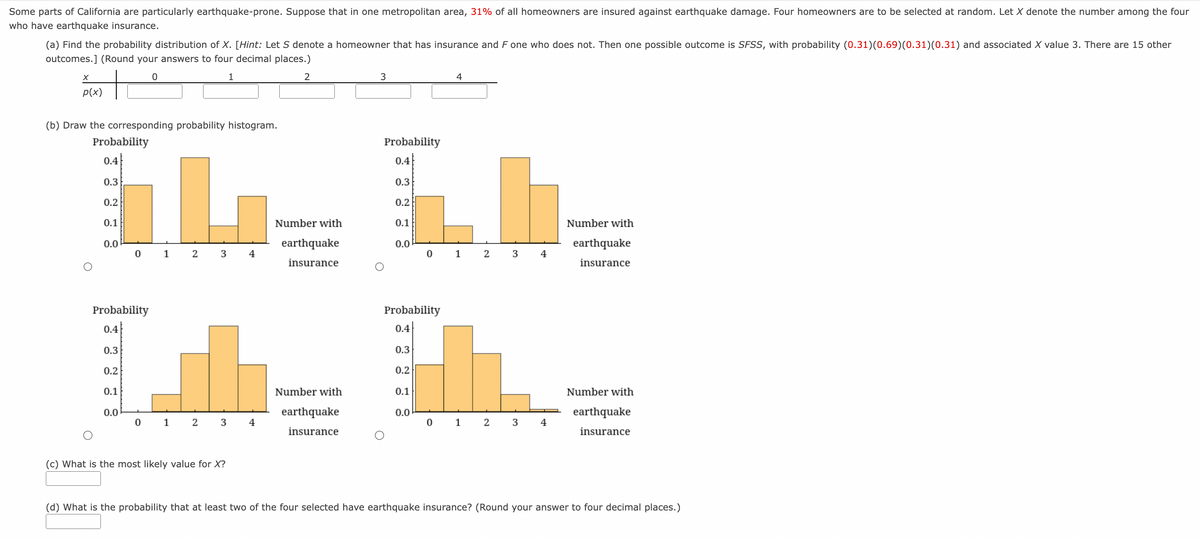 Some parts of California are particularly earthquake-prone. Suppose that in one metropolitan area, 31% of all homeowners are insured against earthquake damage. Four homeowners are to be selected at random. Let X denote the number among the four
who have earthquake insurance.
(a) Find the probability distribution of X. [Hint: Let S denote a homeowner that has insurance and F one who does not. Then one possible outcome is SFSS, with probability (0.31)(0.69) (0.31)(0.31) and associated X value 3. There are 15 other
outcomes.] (Round your answers to four decimal places.)
0
1
X
p(x)
Probability
0.4
(b) Draw the corresponding probability histogram.
Probability
0.3
14- Sb-
0.2
0.1
012 3 4
012
0.3
0.2
0.1
0.0
Probability
0.4
0.3
0.2
0.1
0.0
0
1
2
3
(c) What is the most likely value for X?
2
4
Number with
earthquake
insurance
Number with
3
earthquake
insurance
0.4
0.0
Probability
0.4
0.3
0.2
0.1
0.0
4
0
1
3
2 3
4
4
Number with
earthquake
insurance
Number with
earthquake
insurance
(d) What is the probability that at least two of the four selected have earthquake insurance? (Round your answer to four decimal places.)