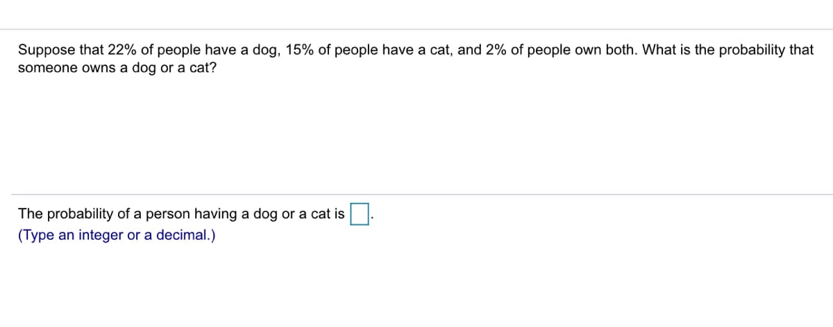 Suppose that 22% of people have a dog, 15% of people have a cat, and 2% of people own both. What is the probability that
someone owns a dog or a cat?
The probability of a person having a dog or a cat is
(Type an integer or a decimal.)
