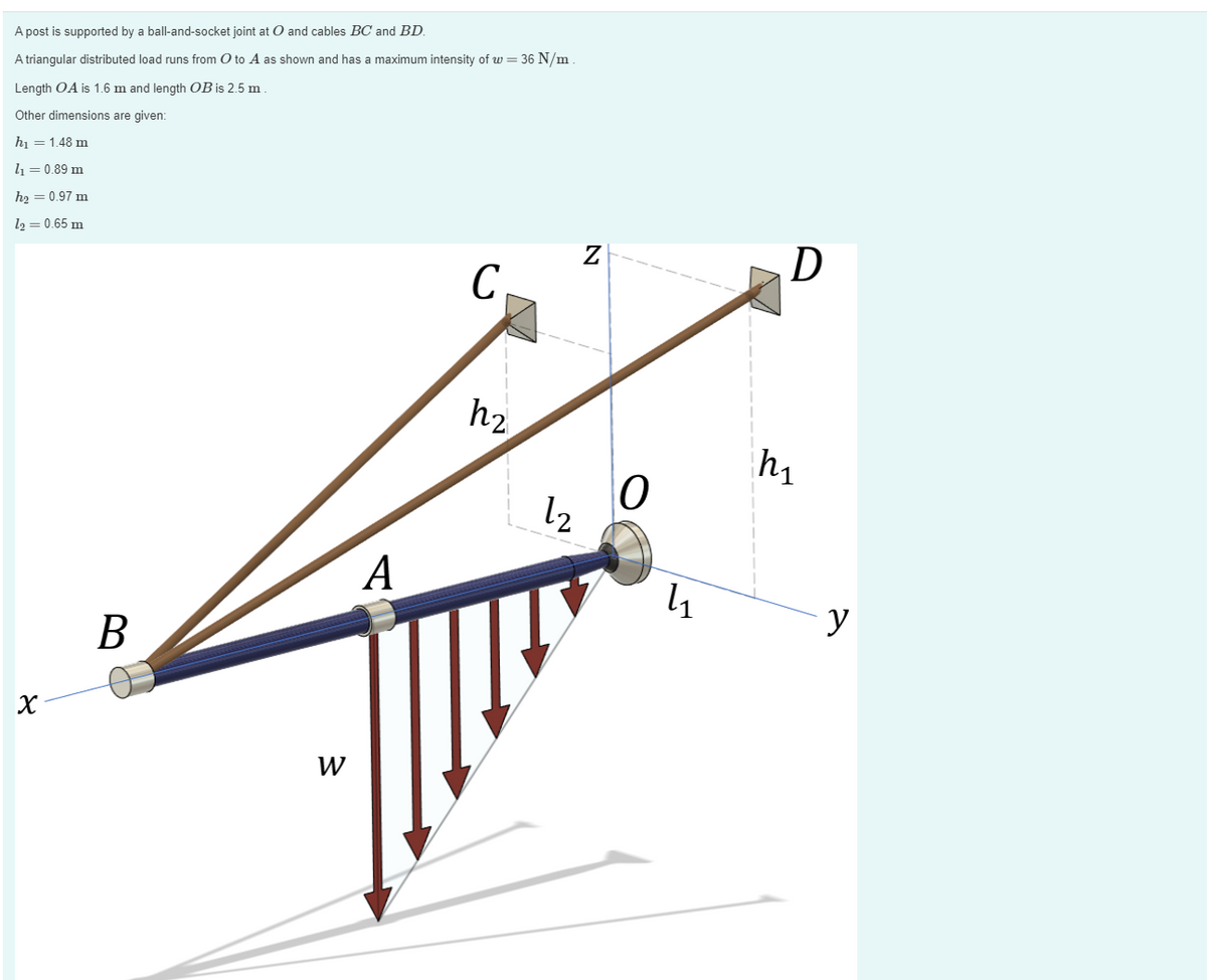 A post is supported by a ball-and-socket joint at O and cables BC and BD.
A triangular distributed load runs from O to A as shown and has a maximum intensity of w = 36 N/m
Length OA is 1.6 m and length OBis 2.5 m
Other dimensions are given:
h = 1.48 m
l1 = 0.89 m
ha = 0.97 m
lb = 0.65 m
D
C,
hz
h1
l, 0
12
A
В
y
W
