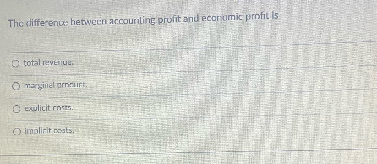 The difference between accounting profit and economic profit
total revenue.
O marginal product.
O explicit costs.
O implicit costs.
