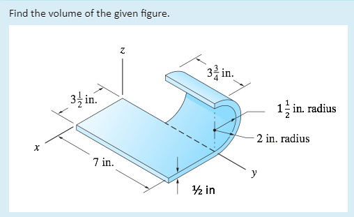 Find the volume of the given figure.
3층 in.
3 in.
1 in. radius
2 in. radius
7 in.
y
2 in
1/2
