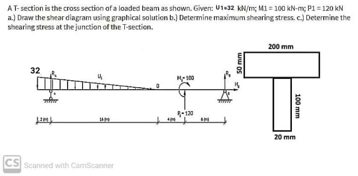 AT-section is the cross section of a loaded beam as shown. Given: U1-32 kN/m; M1 = 100 kN-m; P1=120 kN
a.) Draw the shear diagram using graphical solution b.) Determine maximum shearing stress. c.) Determine the
shearing stress at the junction of the T-section.
200 mm
32
M- 100
P-120
16
ト 4"L
6 m)
20 mm
CS
Scanned with CamScanner
100 mm
ww Os
