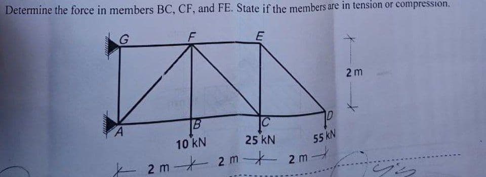 Determine the force in members BC, CF, and FE. State if the members are in tension or compression.
E
2 m
10 kN
25 kN
55 KN
2 m 2m- 2m
