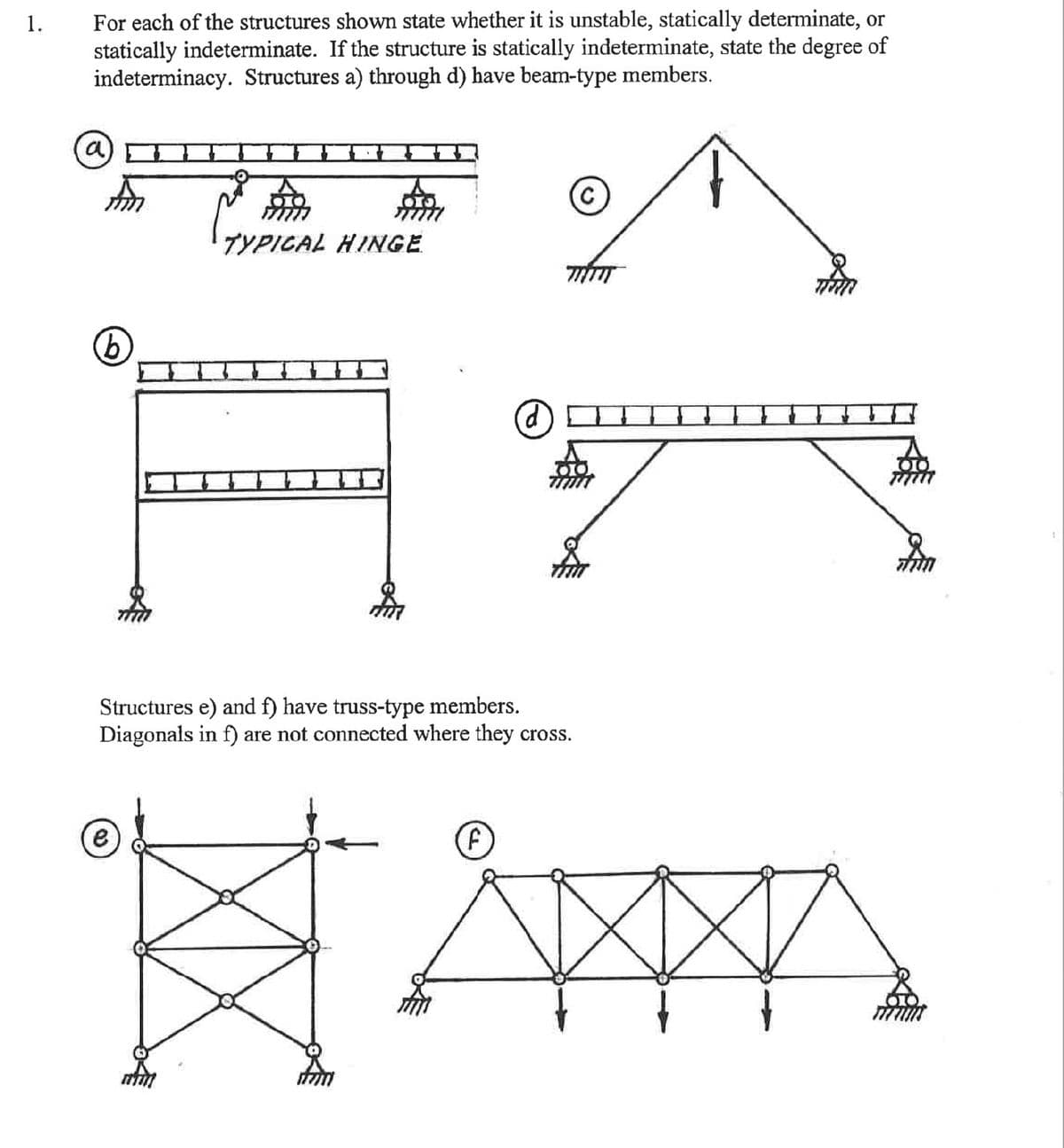 1.
For each of the structures shown state whether it is unstable, statically determinate, or
statically indeterminate. If the structure is statically indeterminate, state the degree of
indeterminacy. Structures a) through d) have beam-type members.
a
(b)
TYPICAL HINGE
e
Structures e) and f) have truss-type members.
Diagonals in f) are not connected where they cross.
TATT
(F)