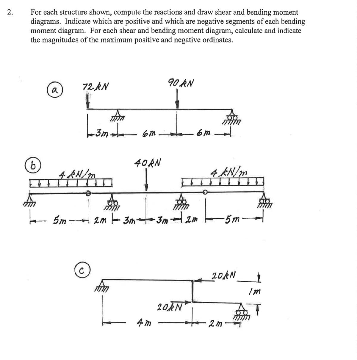 2.
For each structure shown, compute the reactions and draw shear and bending moment
diagrams. Indicate which are positive and which are negative segments of each bending
moment diagram. For each shear and bending moment diagram, calculate and indicate
the magnitudes of the maximum positive and negative ordinates.
b
a
72 kN
| 5m
L-31
4 kN/m
3m
mot
6m
40RN
90 kN
4m
2m 3m 3m 2m
6m
20RN
4 kN/m
-5m
20AN
2m
Im