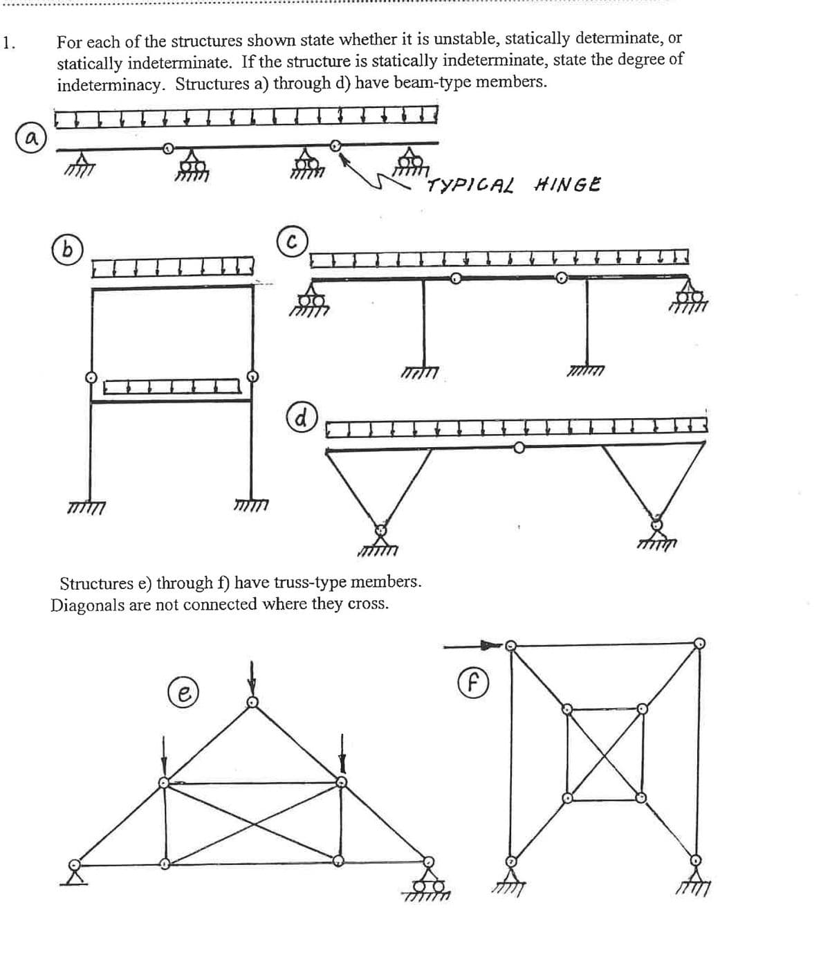 1.
a
For each of the structures shown state whether it is unstable, statically determinate, or
statically indeterminate. If the structure is statically indeterminate, state the degree of
indeterminacy. Structures a) through d) have beam-type members.
(b
को
777777
d
ולת
TYPICAL HINGE
V
Structures e) through f) have truss-type members.
Diagonals are not connected where they cross.
777777
(f