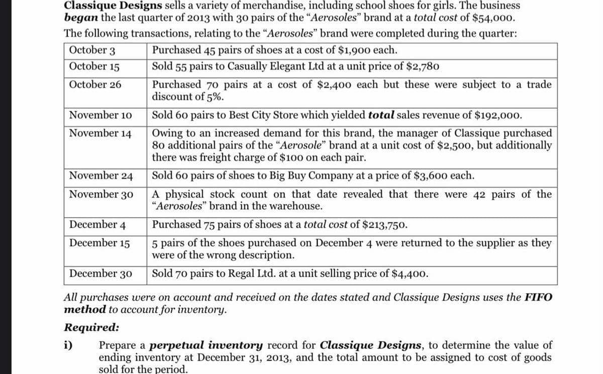 Classique Designs sells a variety of merchandise, including school shoes for girls. The business
began the last quarter of 2013 with 30 pairs of the "Aerosoles" brand at a total cost of $54,000.
The following transactions, relating to the "Aerosoles" brand were completed during the quarter:
October 3
October 15
Purchased 45 pairs of shoes at a cost of $1,900 each.
Sold 55 pairs to Casually Elegant Ltd at a unit price of $2,780
October 26
Purchased 70 pairs at a cost of $2,400 each but these were subject to a trade
discount of 5%.
November 10
Sold 60 pairs to Best City Store which yielded total sales revenue of $192,000.
November 14
Owing to an increased demand for this brand, the manager of Classique purchased
80 additional pairs of the "Aerosole" brand at a unit cost of $2,500, but additionally
there was freight charge of $10o on each pair.
November 24
Sold 60 pairs of shoes to Big Buy Company at a price of $3,60o each.
A physical stock count on that date revealed that there were 42 pairs of the
"Aerosoles" brand in the warehouse.
November 30
December 4
Purchased 75 pairs of shoes at a total cost of $213,750.
December 15
5 pairs of the shoes purchased on December 4 were returned to the supplier as they
were of the wrong description.
December 30
Sold 70 pairs to Regal Ltd. at a unit selling price of $4,400.
All purchases were on account and received on the dates stated and Classique Designs uses the FIFO
method to account for inventory.
Required:
i)
Prepare a perpetual inventory record for Classique Designs, to determine the value of
ending inventory at December 31, 2013, and the total amount to be assigned to cost of goods
sold for the period.
