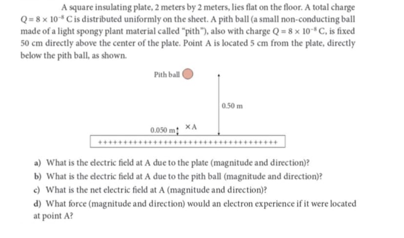 A square insulating plate, 2 meters by 2 meters, lies flat on the floor. A total charge
Q=8 x 10-8 C is distributed uniformly on the sheet. A pith ball (a small non-conducting ball
made of a light spongy plant material called "pith"), also with charge Q = 8 x 10-8 C, is fixed
50 cm directly above the center of the plate. Point A is located 5 cm from the plate, directly
below the pith ball, as shown.
++
Pith ball
0.050 m
XA
0.50 m
a) What is the electric field at A due to the plate (magnitude and direction)?
b) What is the electric field at A due to the pith ball (magnitude and direction)?
c) What is the net electric field at A (magnitude and direction)?
d) What force (magnitude and direction) would an electron experience if it were located
at point A?