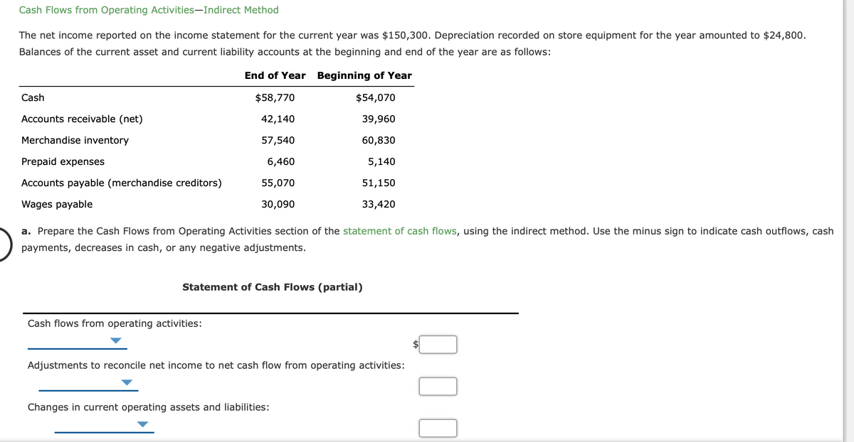 Cash Flows from Operating Activities-Indirect Method
The net income reported on the income statement for the current year was $150,300. Depreciation recorded on store equipment for the year amounted to $24,800.
Balances of the current asset and current liability accounts at the beginning and end of the year are as follows:
End of Year
Beginning of Year
Cash
$58,770
$54,070
Accounts receivable (net)
42,140
39,960
Merchandise inventory
57,540
60,830
Prepaid expenses
6,460
5,140
Accounts payable (merchandise creditors)
55,070
51,150
Wages payable
30,090
33,420
a. Prepare the Cash Flows from Operating Activities section of the statement of cash flows, using the indirect method. Use the minus sign to indicate cash outflows, cash
payments, decreases in cash, or any negative adjustments.
Statement of Cash Flows (partial)
Cash flows from operating activities:
Adjustments to reconcile net income to net cash flow from operating activities:
Changes in current operating assets and liabilities:
JOO
