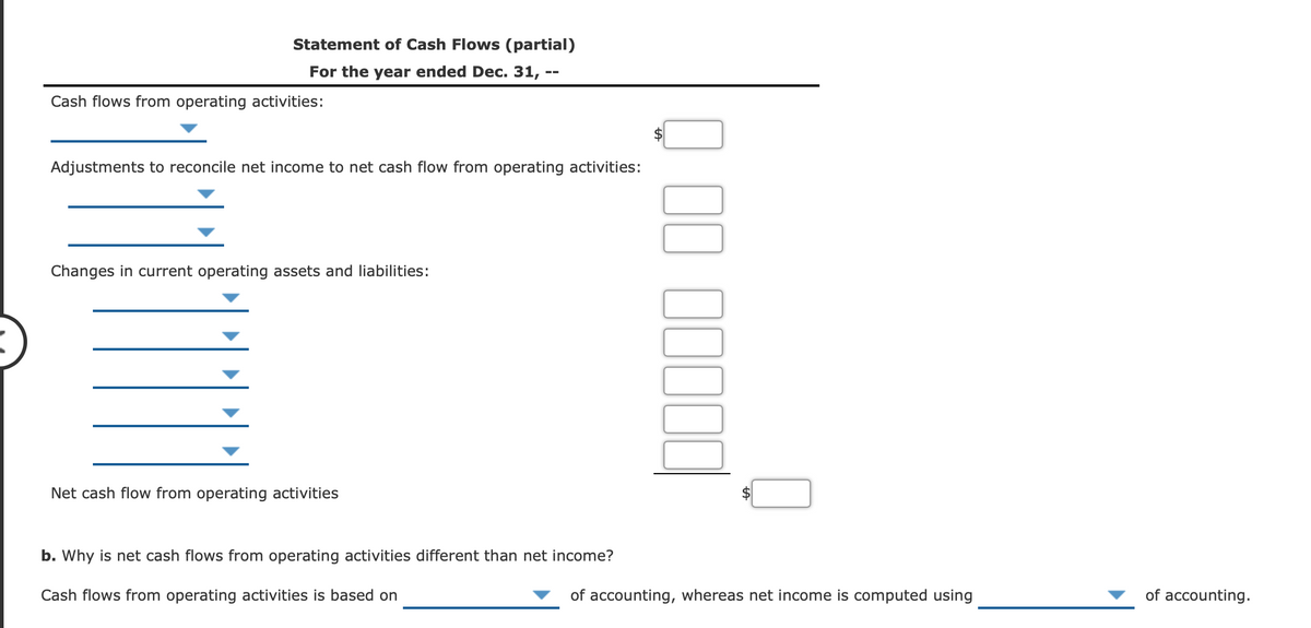 # Statement of Cash Flows (partial)
## For the year ended Dec. 31, --

**Cash flows from operating activities:**

---

---

**Adjustments to reconcile net income to net cash flow from operating activities:**

---

---

**Changes in current operating assets and liabilities:**

---

---

---

---

---

---

---

**Net cash flow from operating activities:**

---

---

**b. Why is net cash flows from operating activities different than net income?**

Cash flows from operating activities is based on __________ of accounting, whereas net income is computed using __________ of accounting.