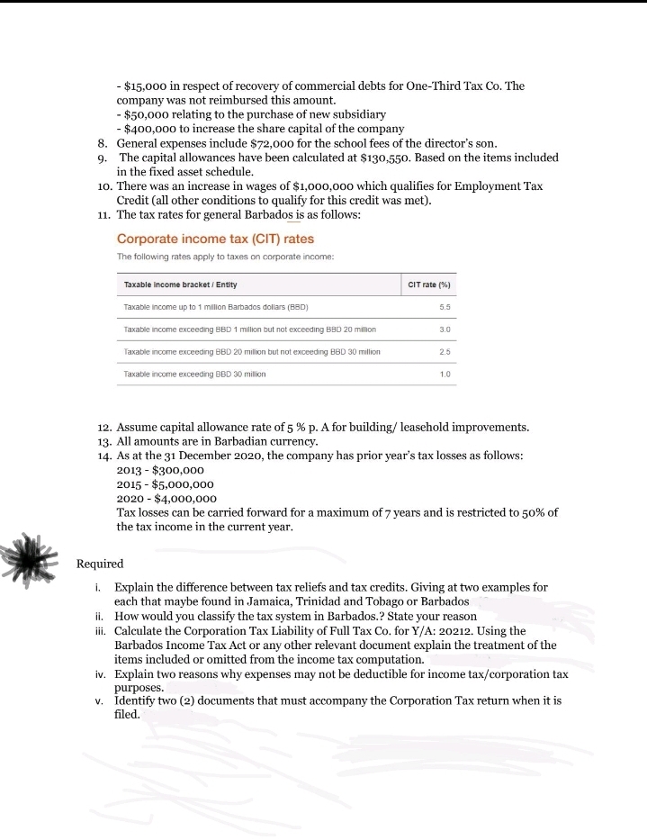 - $15,000 in respect of recovery of commercial debts for One-Third Tax Co. The
company was not reimbursed this amount.
- $50,000 relating to the purchase of new subsidiary
- $400,000 to increase the share capital of the company
8. General expenses include $72,000 for the school fees of the director's son.
9. The capital allowances have been calculated at $130,550. Based on the items included
in the fixed asset schedule.
10. There was an increase in wages of $1,000,000 which qualifies for Employment Tax
Credit (all other conditions to qualify for this credit was met).
11. The tax rates for general Barbados is as follows:
Corporate income tax (CIT) rates
The following rates apply to taxes on corporate income:
Taxable income bracket/ Entity
Taxable income up to 1 million Barbados dollars (BBD)
Taxable income exceeding BBD 1 million but not exceeding BBD 20 million
Taxable income exceeding BBD 20 million but not exceeding BBD 30 million
Taxable income exceeding BBD 30 million
2013 $300,000
2015 $5,000,000
CIT rate (%)
Required
i.
5.5
-
3.0
12. Assume capital allowance rate of 5 % p. A for building/ leasehold improvements.
13. All amounts are in Barbadian currency.
14. As at the 31 December 2020, the company has prior year's tax losses as follows:
2.5
1.0
2020 $4,000,000
Tax losses can be carried forward for a maximum of 7 years and is restricted to 50% of
the tax income in the current year.
Explain the difference between tax reliefs and tax credits. Giving at two examples for
each that maybe found in Jamaica, Trinidad and Tobago or Barbados
ii. How would you classify the tax system in Barbados.? State your reason
iii. Calculate the Corporation Tax Liability of Full Tax Co. for Y/A: 20212. Using the
Barbados Income Tax Act or any other relevant document explain the treatment of the
items included or omitted from the income tax computation.
iv. Explain two reasons why expenses may not be deductible for income tax/corporation tax
purposes.
v. Identify two (2) documents that must accompany the Corporation Tax return when it is
filed.