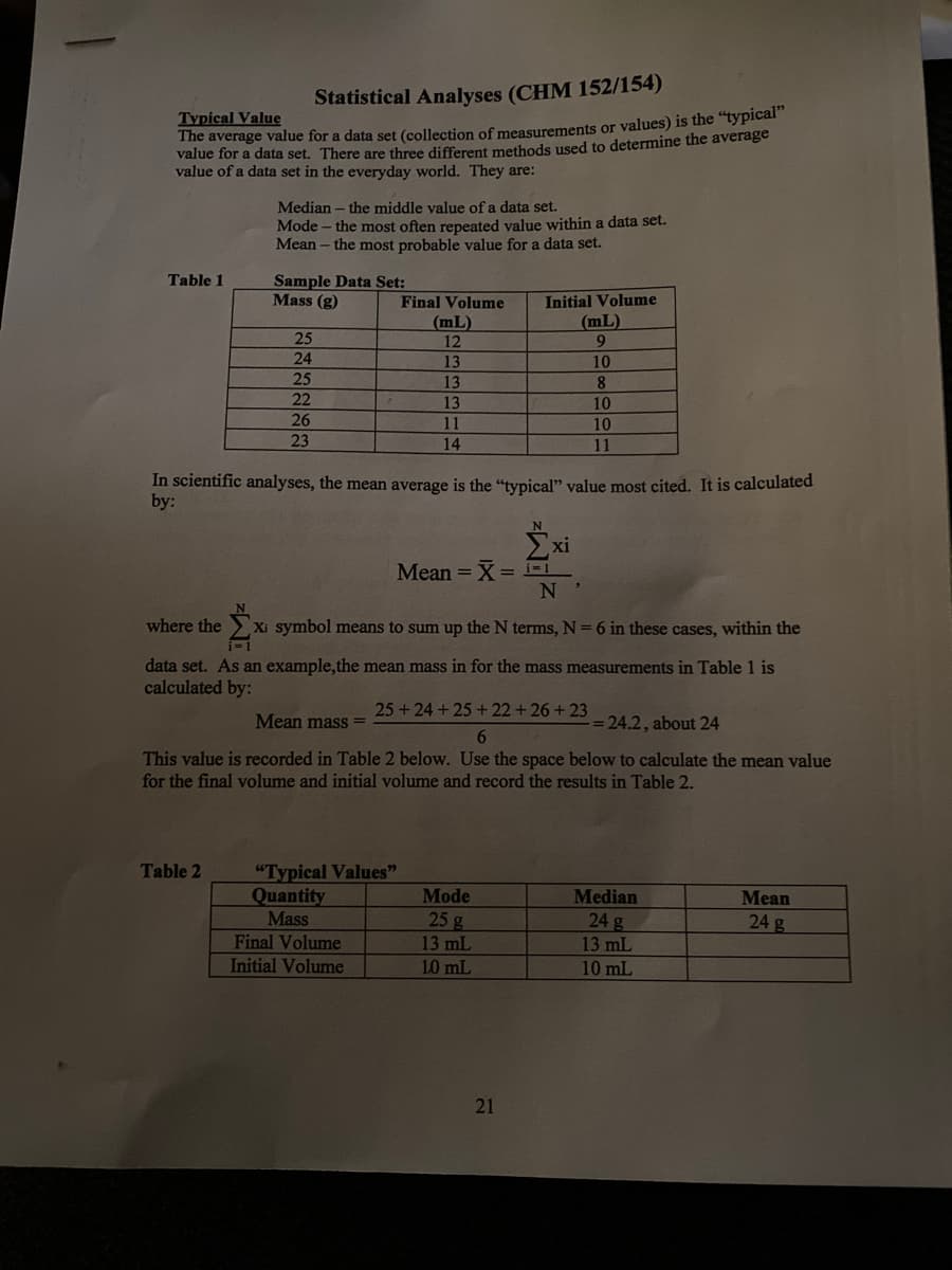 Statistical Analyses (CHM 152/154)
Typical Value
The average value for a data set (collection of measurements or values) is the "typical
value for a data set. There are three different methods used to determine the average
value of a data set in the everyday world. They are:
Median – the middle value of a data set.
Mode - the most often repeated value within a data set.
Mean – the most probable value for a data set.
Sample Data Set:
Mass (g)
Table 1
Final Volume
Initial Volume
(mL)
12
(mL)
9.
25
24
13
10
25
13
8
22
13
10
26
11
10
23
14
11
In scientific analyses, the mean average is the "typical" value most cited. It is calculated
by:
Exi
Mean = X = =1
where the
Xi symbol means to sum up the N terms, N=6 in these cases, within the
i-1
data set. As an example,the mean mass in for the mass measurements in Table 1 is
calculated by:
25+24 + 25 + 22 + 26 + 23
Mean mass =
= 24.2, about 24
6.
This value is recorded in Table 2 below. Use the space below to calculate the mean value
for the final volume and initial volume and record the results in Table 2.
Table 2
"Typical Values"
Quantity
Mass
Final Volume
Mode
Median
Mean
25 g
13 mL
24 g
13 mL
24 g
Initial Volume
10 mL
10 mL
21
