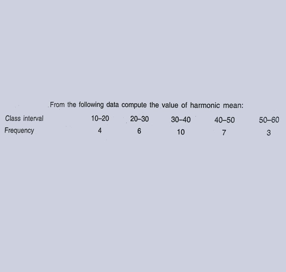 From the following data compute the value of harmonic mean:
Class interval
10-20
20-30
30-40
40-50
50-60
Frequency
4
10
7
