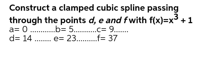 Construct a clamped cubic spline passing
through the points d, e and fwith f(x)=x³ + 1
a= 0 . .b= 5.. .= 9..
d= 14
.3
. . e= 23......f= 37
