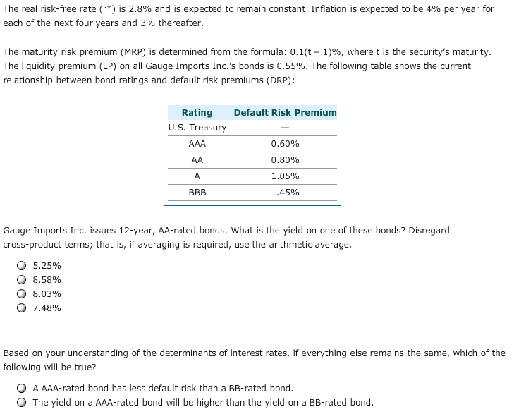 The real risk-free rate (r*) is 2.8% and is expected to remain constant. Inflation is expected to be 4% per year for
each of the next four years and 3% thereafter.
The maturity risk premium (MRP) is determined from the formula: 0.1(t - 1)%, where t is the security's maturity.
The liquidity premium (LP) on all Gauge Imports Inc.'s bonds is 0.55%. The following table shows the current
relationship between bond ratings and default risk premiums (DRP):
Rating
Default Risk Premium
U.S. Treasury
AAA
0.60%
AA.
0.80%
1.05%
A.
ВB
1.45%
Gauge Imports Inc. issues 12-year, AA-rated bonds. What is the yield on one of these bonds? Disregard
cross-product terms; that is, if averaging is required, use the arithmetic average.
5.25%
8.58%
8.03%
7.48%
Based on your understanding of the determinants of interest rates, if everything else remains the same, which of the
following will be true?
A AAA-rated bond has less default risk than a BB-rated bond.
The yield on a AAA-rated bond will be higher than the yield on a BB-rated bond
