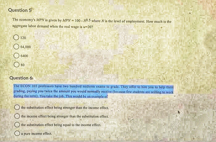 Question 5
The economy's MPN is given by MPN=100-N0.5 where N is the level of employment. How much is the
aggregate labor demand when the real wage is w 20?
120
64,000
O 6400
80
Question 6
The ECON 103 professors have two hundred midterm exams to grade. They offer to hire you to help them
grading, paying you twice the amount you would normally receive (because fow students are willing to work
during the term), You take the job. This would be an example of
the substitution effect being stronger than the income effect.
the income effect being stronger than the substitution effect.
the substitution effect being equal to the income effect.
a pure income effect.