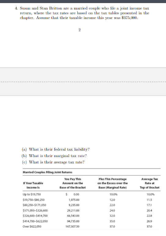 4. Susan and Stan Britton are a married couple who file a joint income tax
return, where the tax rates are based on the tax tables presented in the
chapter. Assume that their taxable income this year was $375,000.
(a) What is their federal tax liability?
(b) What is their marginal tax rate?
(c) What is their average tax rate?
Married couples Filing Joint Returns
If Your Taxable
Income Is
Up to $19,750
$19,750-$80,250
$80,250-$171,050
$171,050-$326,600
$326,600-$414,700
2
$414,700-$622,050
Over $622,050
You Pay This
Amount on the
Base of the Bracket
$ 0.00
1,975.00
9,235.00
29,211.00
66,543.00
94,735.00
167,307.50
Plus This Percentage
on the Excess over the
Base (Marginal Rate)
10.0%
12.0
22.0
24.0
32.0
35.0
37.0
Average Tax
Rate at
Top of Bracket
10.0%
11.5
17.1
20.4
22.8
26.9
37.0