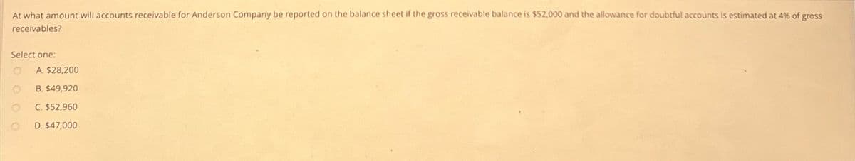 At what amount will accounts receivable for Anderson Company be reported on the balance sheet if the gross receivable balance is $52,000 and the allowance for doubtful accounts is estimated at 4% of gross
receivables?
Select one:
A. $28,200
B. $49,920
C. $52,960
D. $47,000