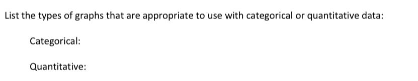 List the types of graphs that are appropriate to use with categorical or quantitative data:
Categorical:
Quantitative:
