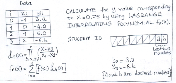 Data
CALCULATE the y value corresponding
to X =0.75 by using LAGRANGE,
INTERPOLATING POLYNOMIAL F3CX).
i
-1
3.a
1
|-4.0
1
5.0
2.
|-6.6
STUDENT ID
9/81
last two
X;-Xj
numbers
Yo = 3.a
Y3=-6.6.
Sa cund b are decimal numbers
%3D
