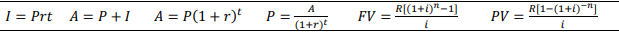 R[(1+1)"-1]
R[1-(1+1)-"]
I = Prt A = P +I
A = P(1+ r)'
A
P =
(1+r)
FV =
PV
