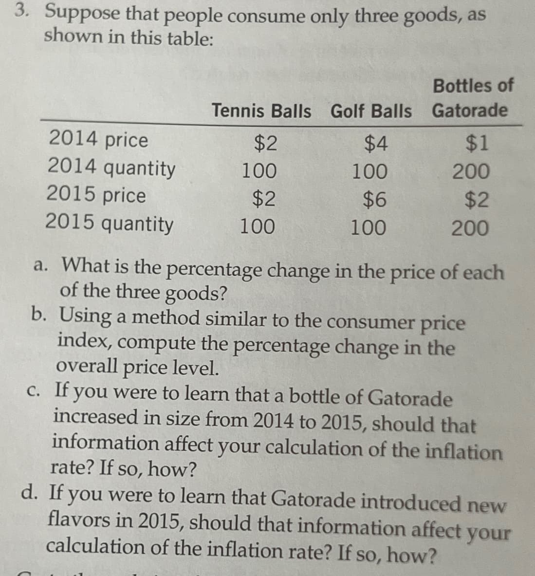 3. Suppose that people consume only three goods, as
shown in this table:
2014 price
2014 quantity
2015 price
2015 quantity
Tennis Balls Golf Balls
$4
100
$6
100
$2
100
$2
100
Bottles of
Gatorade
$1
200
$2
200
a. What is the percentage change in the price of each
of the three goods?
b. Using a method similar to the consumer price
index, compute the percentage change in the
overall price level.
c. If you were to learn that a bottle of Gatorade
increased in size from 2014 to 2015, should that
information affect your calculation of the inflation
rate? If so, how?
d. If you were to learn that Gatorade introduced new
flavors in 2015, should that information affect your
calculation of the inflation rate? If so, how?