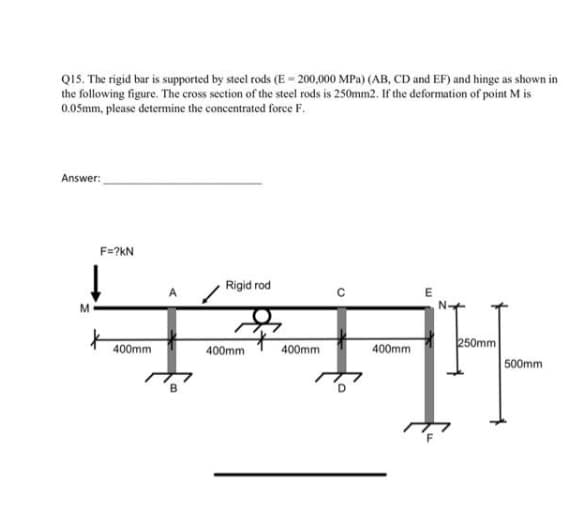 Q15. The rigid bar is supported by steel rods (E - 200,000 MPa) (AB, CD and EF) and hinge as shown in
the following figure. The cross section of the steel rods is 250mm2. If the deformation of point M is
0.05mm, please determine the concentrated force F.
Answer:
F=?kN
Rigid rod
250mm
500mm
400mm
400mm
400mm
400mm
