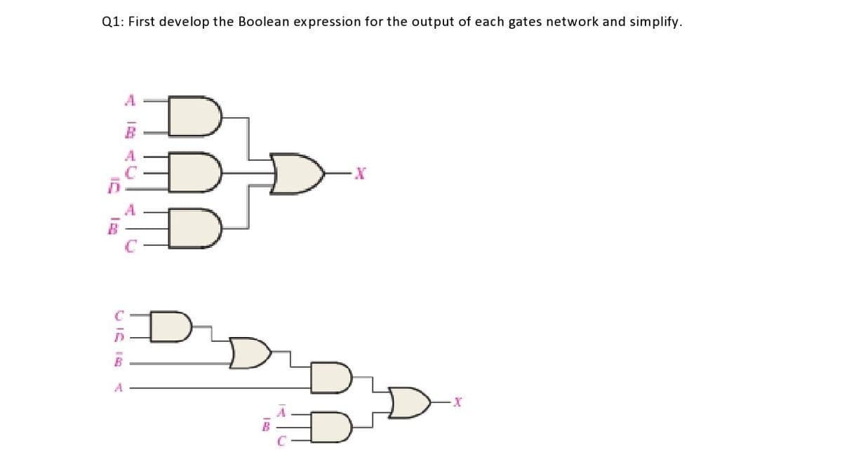 Q1: First develop the Boolean expression for the output of each gates network and simplify.
A
A
B
B
A
