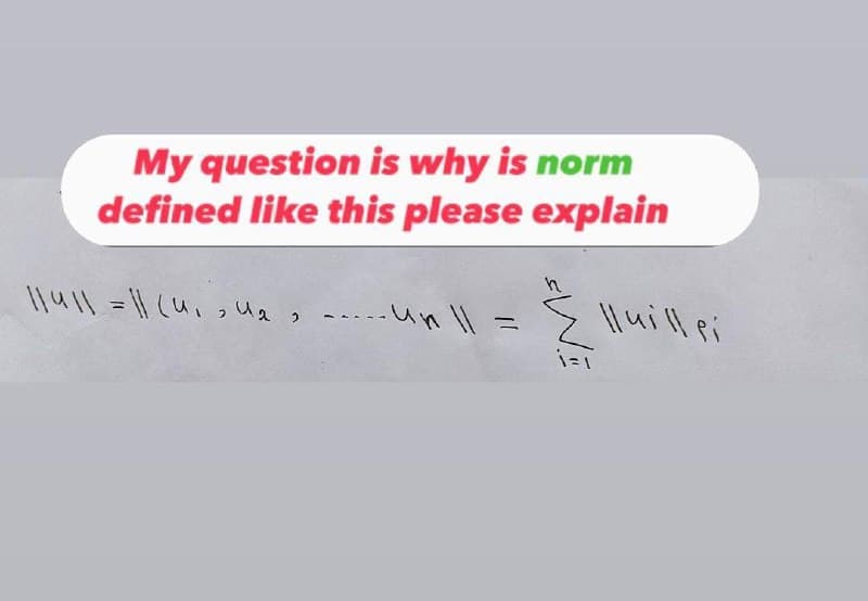 My question is why is norm
defined like this please explain
II4II = II (и, ия , ..... un II
i=1
lluillei